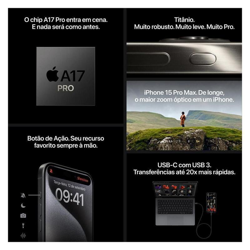 iPhone 15 Pro Max Apple (256GB) Titânio Natural, Tela de 6,7